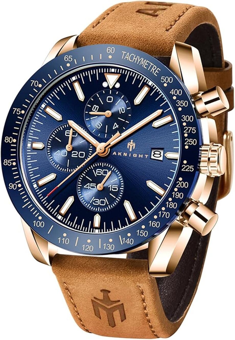 Men's Aknight 45mm Big Face Blue & Silver Watch w/ Leather Strap
